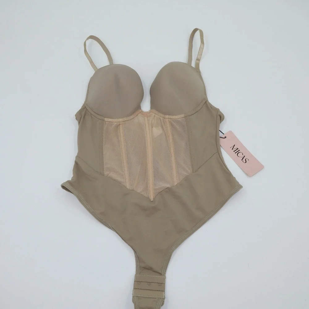MICAS Nude Corset Mesh Panel‎ Padded Underwire Bodysuit Beige Medium NEW
